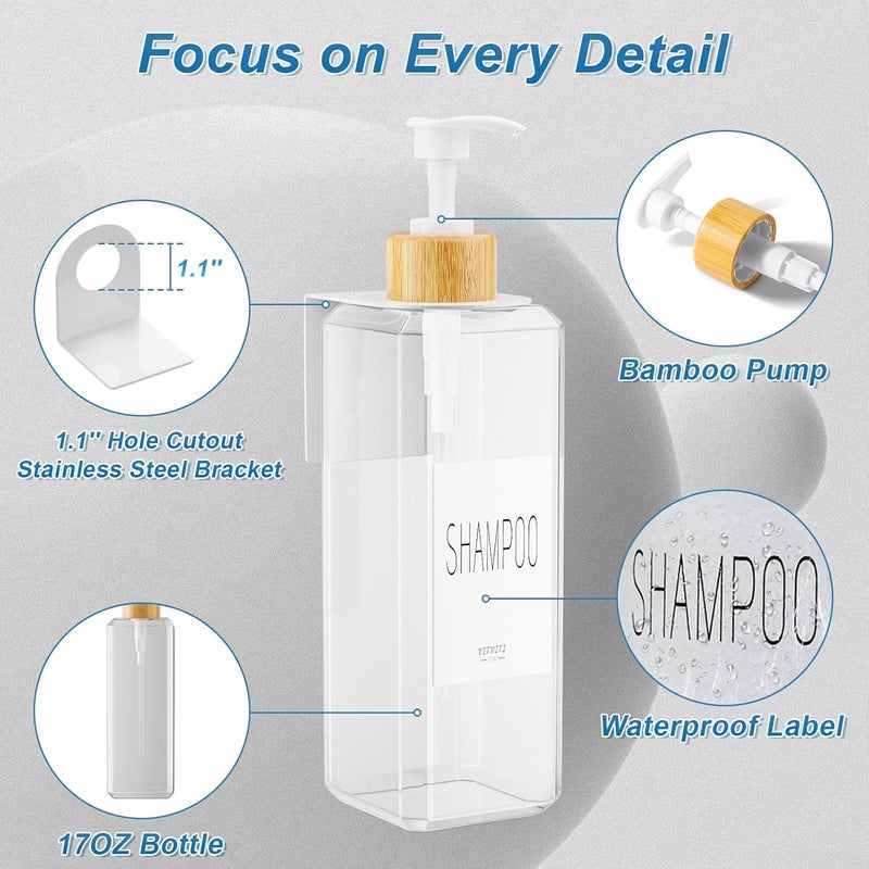 VITVITI Shampoo and Conditioner Dispenser, 17OZ Refillable Shower Soap Dispenser Wall Mounted, Plastic Shampoo/Body Wash Shower Bottles for Bathroom with Pump/Labels, Bamboo (Clear) - Image 3